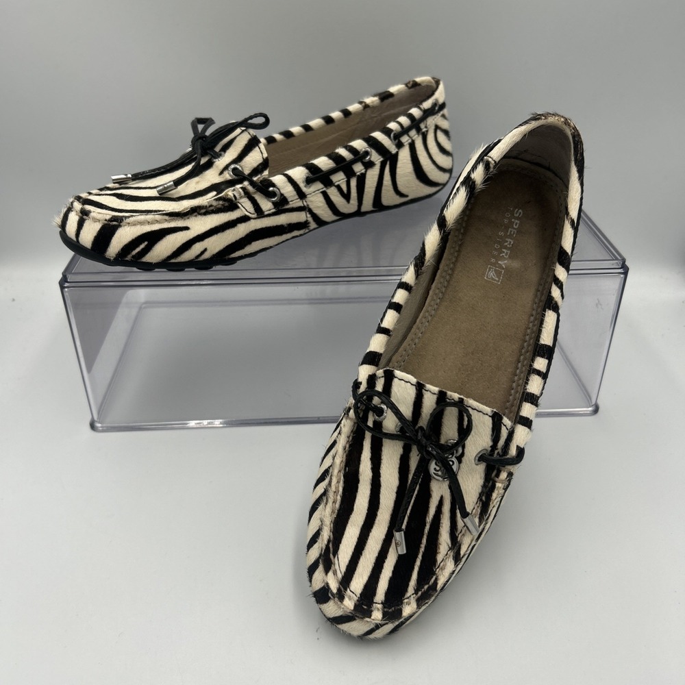 Sperry Top-Sider‎ AUDREY Black White Zebra Leather Pony Hair Boat Shoes Slip On
